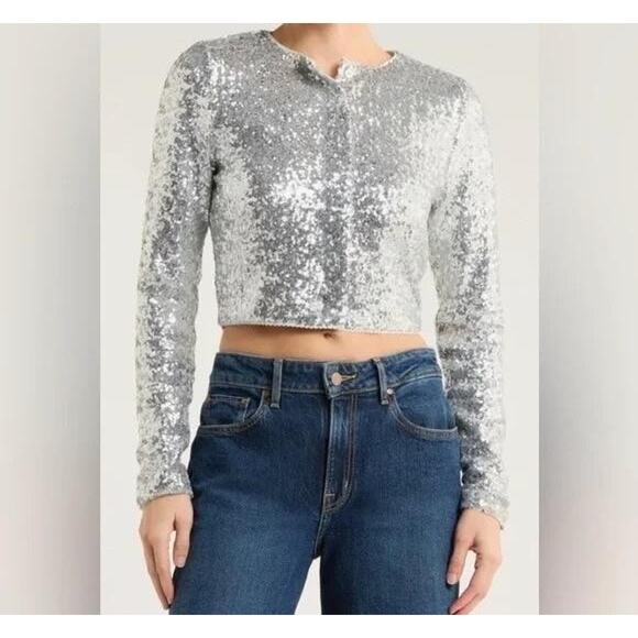 Good American Women's Medium Silver Cluster Sequin Cropped Cardigan Jacket - Picture 2 of 11